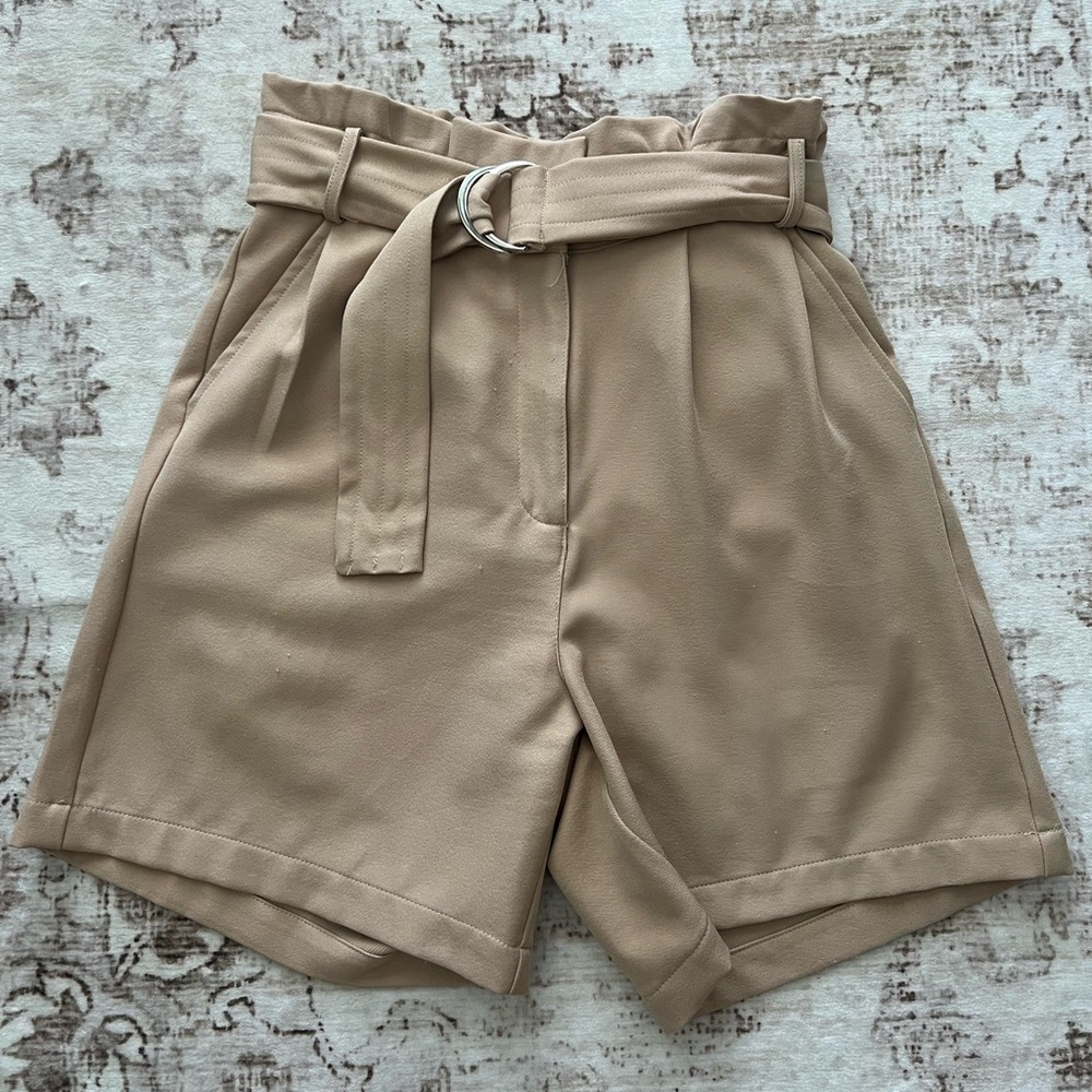 Crescent High Waist Tan Belted Shorts